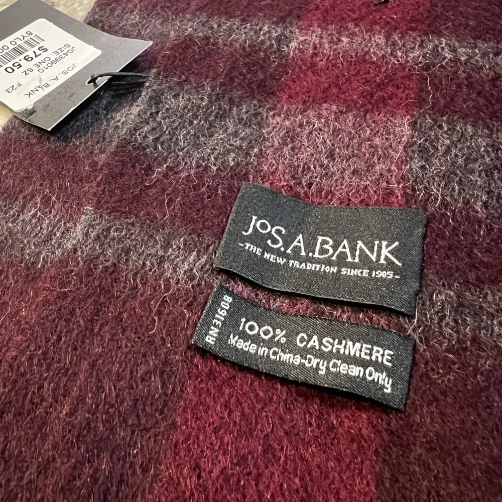 Jos. A. Bank 100% Cashmere Burgundy‎ and Charcoal Plaid Scarf